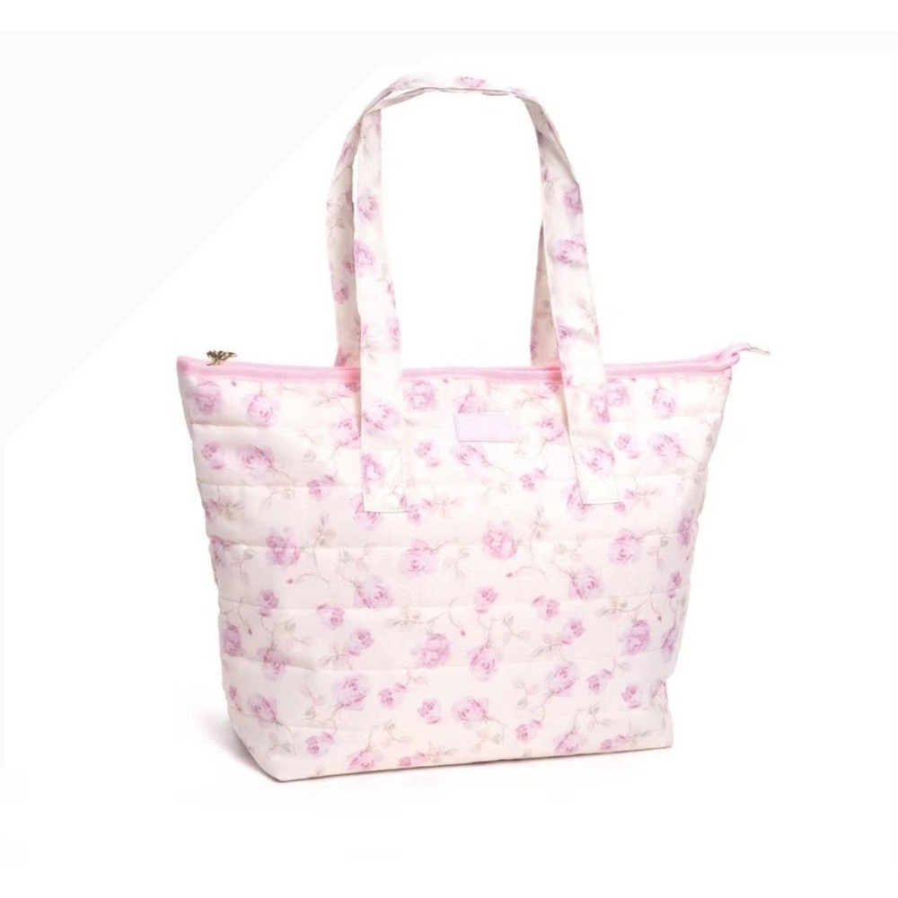 LoveShackFancy x Yoobi Pink Floral Quilted Tote Bag Gold Bow Zipper Rose Print